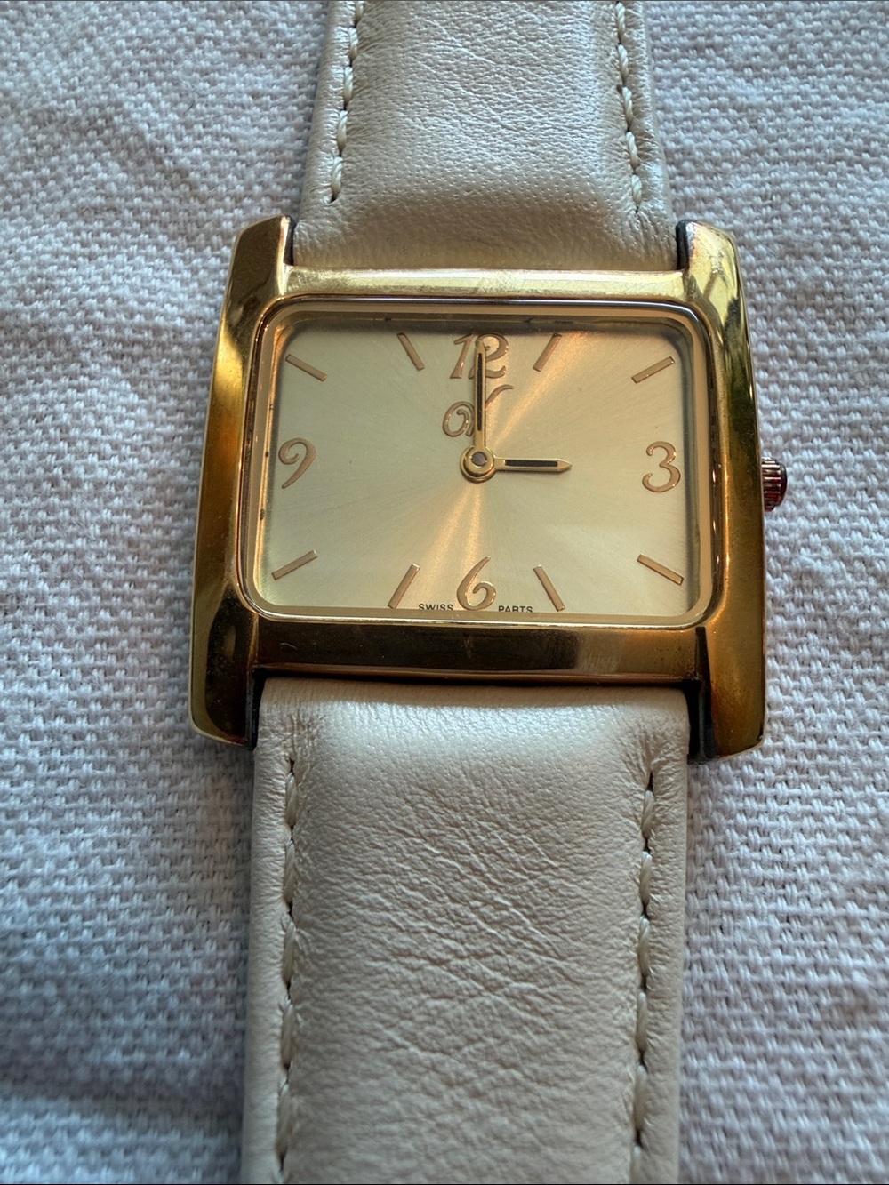 Gold-Tone Women's Square Watch with Cream Leather Strap